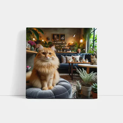 Fluffy Orange Cat Cozy Cafe Interior