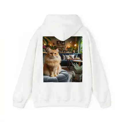 Fluffy Orange Cat Cozy Cafe Interior