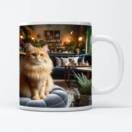 Fluffy Orange Cat Cozy Cafe Interior