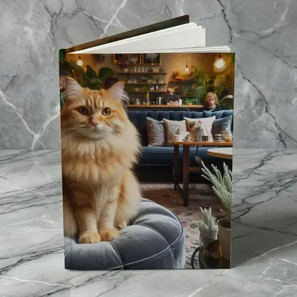Fluffy Orange Cat Cozy Cafe Interior
