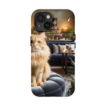 Fluffy Orange Cat Cozy Cafe Interior