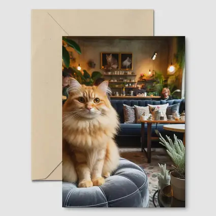Fluffy Orange Cat Cozy Cafe Interior