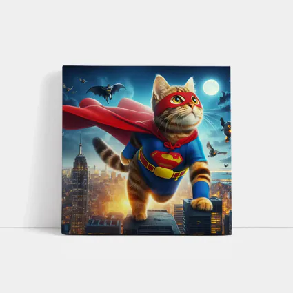 Tabby Cat Superhero Flying Over City