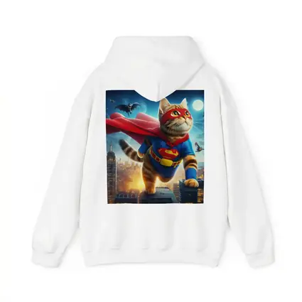 Tabby Cat Superhero Flying Over City