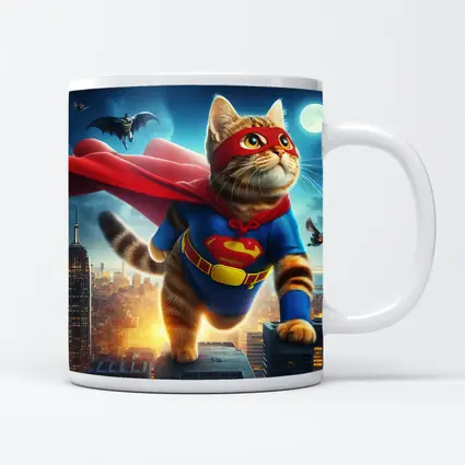 Tabby Cat Superhero Flying Over City