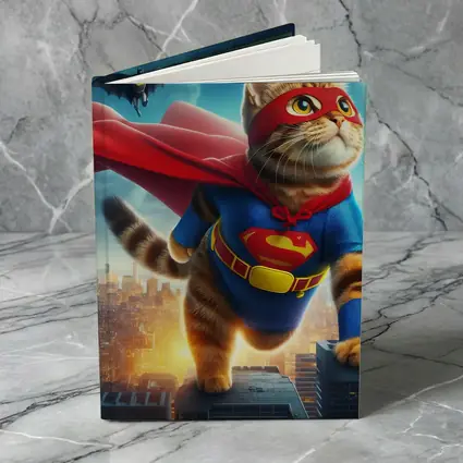 Tabby Cat Superhero Flying Over City