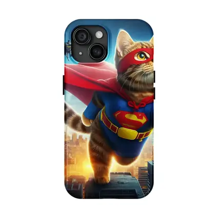 Tabby Cat Superhero Flying Over City