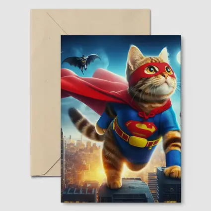 Tabby Cat Superhero Flying Over City