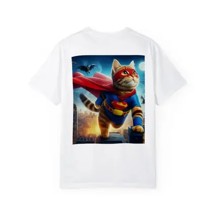 Tabby Cat Superhero Flying Over City