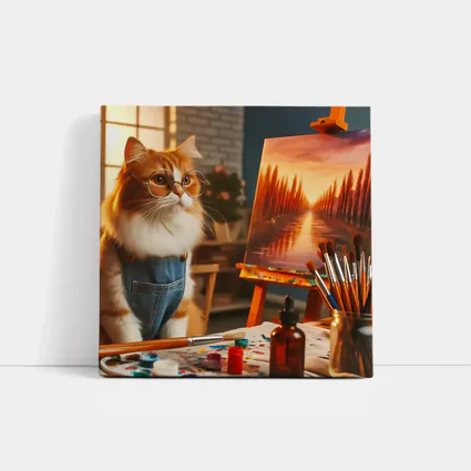 Orange Cat Artist Painting on Easel