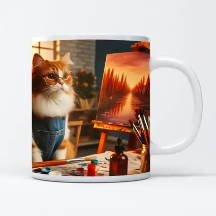 Orange Cat Artist Painting on Easel