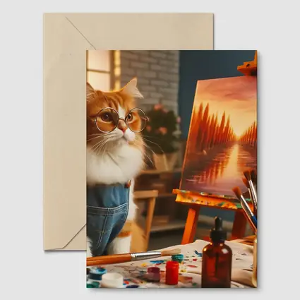 Orange Cat Artist Painting on Easel