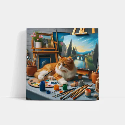 Orange Cat Artist Studio Painting Scene