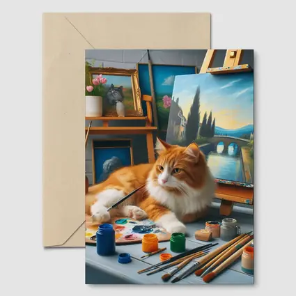 Orange Cat Artist Studio Painting Scene