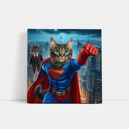Superhero Cat Flying Over City Night