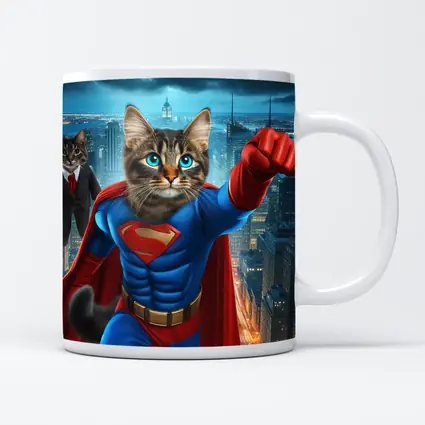 Superhero Cat Flying Over City Night