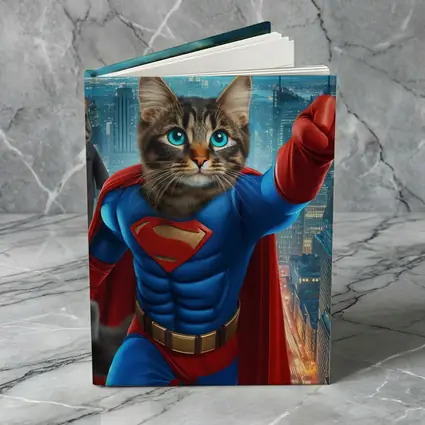 Superhero Cat Flying Over City Night