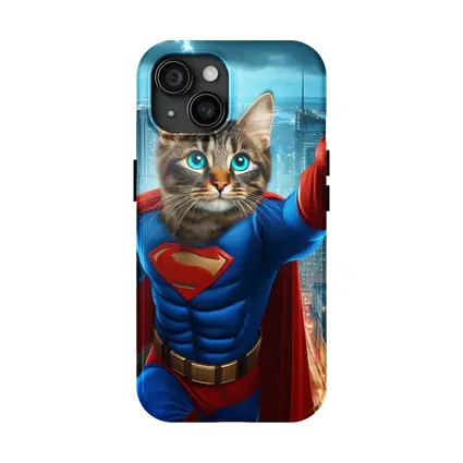 Superhero Cat Flying Over City Night