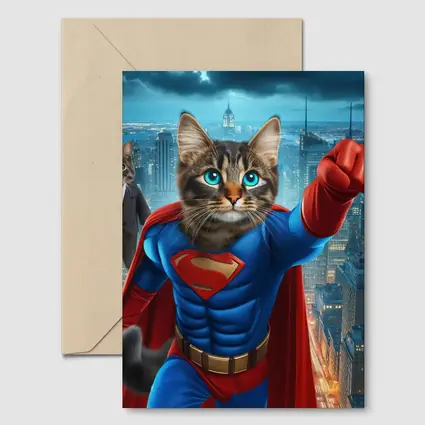 Superhero Cat Flying Over City Night