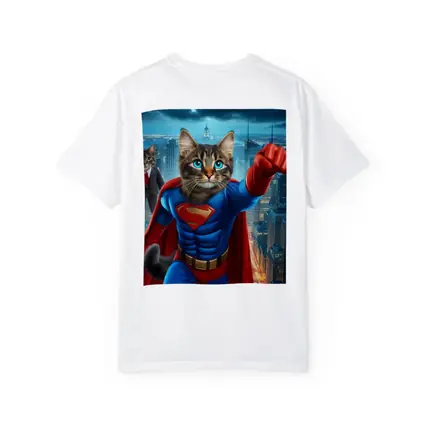 Superhero Cat Flying Over City Night
