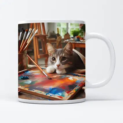 Gray Cat Painting In Artist Studio