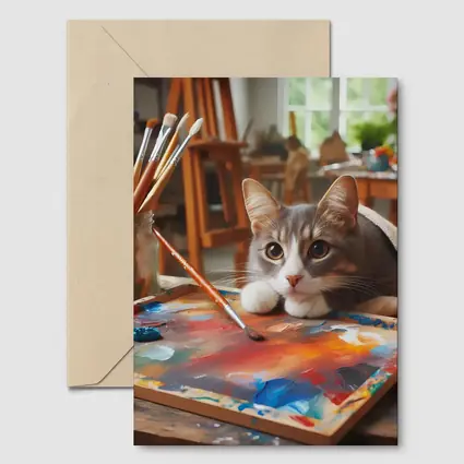 Gray Cat Painting In Artist Studio