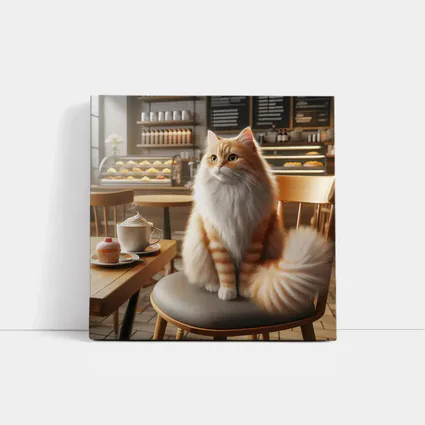 Fluffy Orange Cat Sitting In Coffee Shop