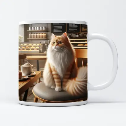 Fluffy Orange Cat Sitting In Coffee Shop
