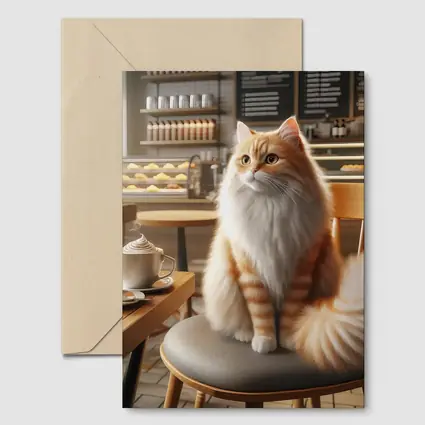 Fluffy Orange Cat Sitting In Coffee Shop