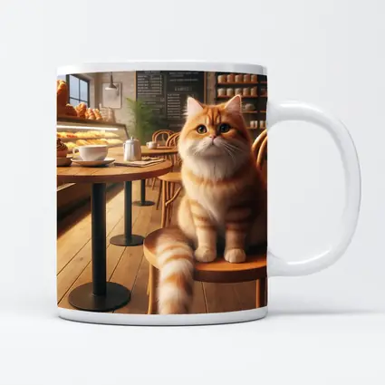 Fluffy Orange Cat Sitting In Cozy Cafe