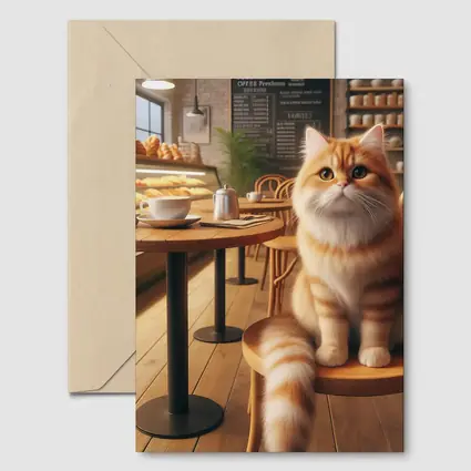 Fluffy Orange Cat Sitting In Cozy Cafe