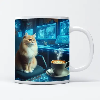 Orange Cat Futuristic Cyberpunk Office Coffee