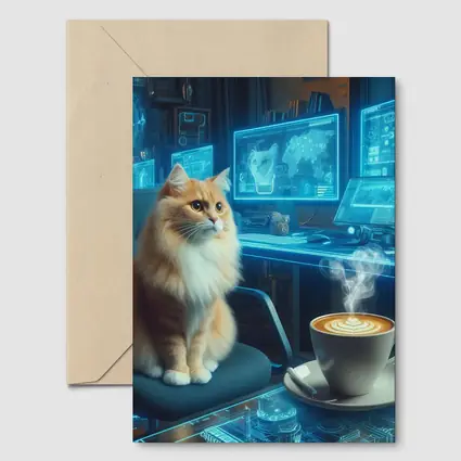 Orange Cat Futuristic Cyberpunk Office Coffee