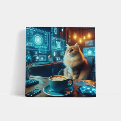 Fluffy Cat Coffee Futuristic Tech Office