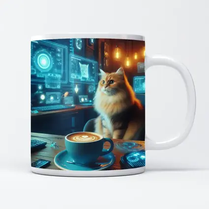 Fluffy Cat Coffee Futuristic Tech Office