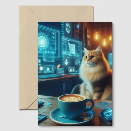 Fluffy Cat Coffee Futuristic Tech Office