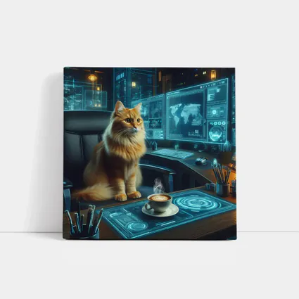 Orange Cat Futuristic Office Cyberpunk Scene