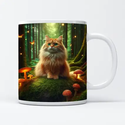 Fluffy Orange Cat Enchanted Forest Mushrooms