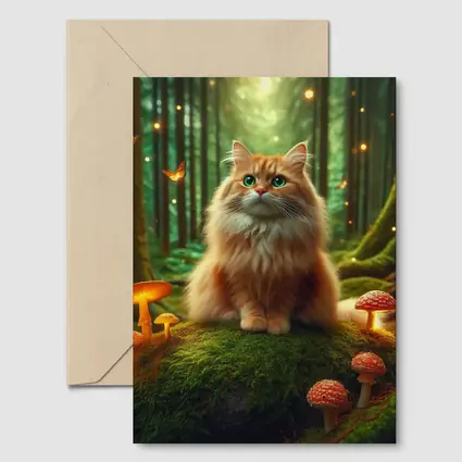 Fluffy Orange Cat Enchanted Forest Mushrooms