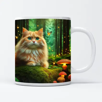 Orange Cat Enchanted Forest Mushrooms Butterflies