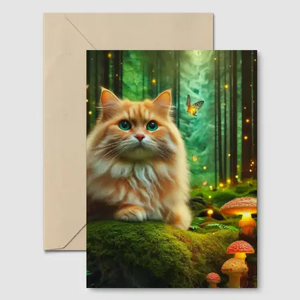 Orange Cat Enchanted Forest Mushrooms Butterflies
