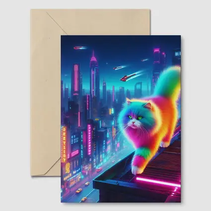 Rainbow Persian Cat Neon Cyberpunk City