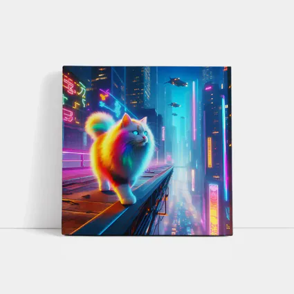 Rainbow Fluffy Cat Neon Cyberpunk City