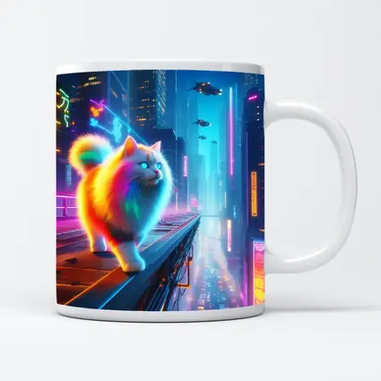 Rainbow Fluffy Cat Neon Cyberpunk City