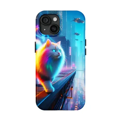 Rainbow Fluffy Cat Neon Cyberpunk City