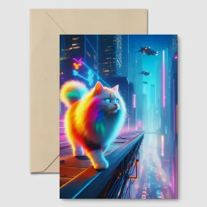 Rainbow Fluffy Cat Neon Cyberpunk City