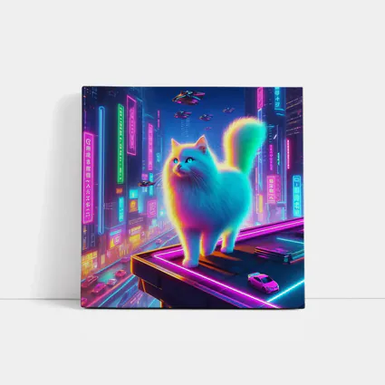 Neon Rainbow Cat Cyberpunk City Night