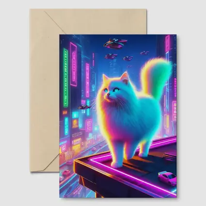 Neon Rainbow Cat Cyberpunk City Night