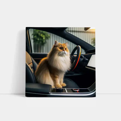 Fluffy Orange Cat Inside Tesla Car Interior