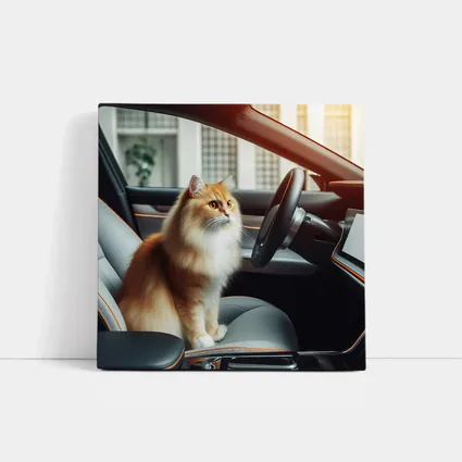 Orange Fluffy Cat Inside Tesla Car Interior